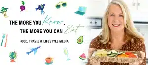 Carolyn O'Neil holding Platter of food with words "The more you know, the more you can eat" food, travel, and lifestyle media