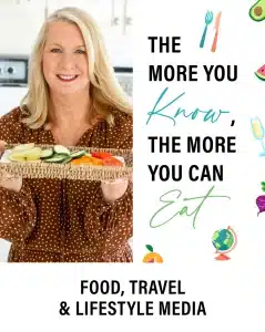 Carolyn O'Neil holding Platter of food with words "The more you know, the more you can eat" food, travel, and lifestyle media